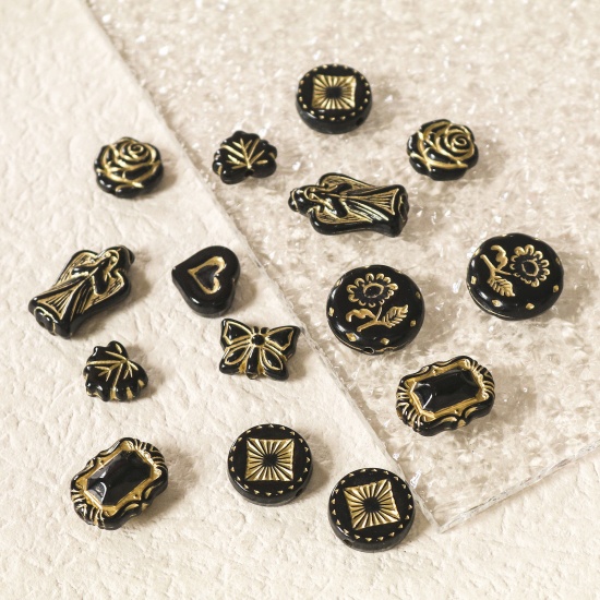 Picture of Acrylic Retro Beads For DIY Jewelry Making Black & Gold Flower Angel
