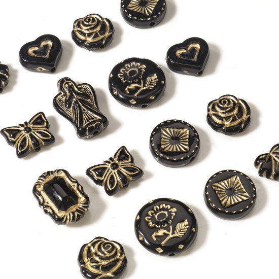 Picture of Acrylic Retro Beads For DIY Jewelry Making Black & Gold Flower Angel