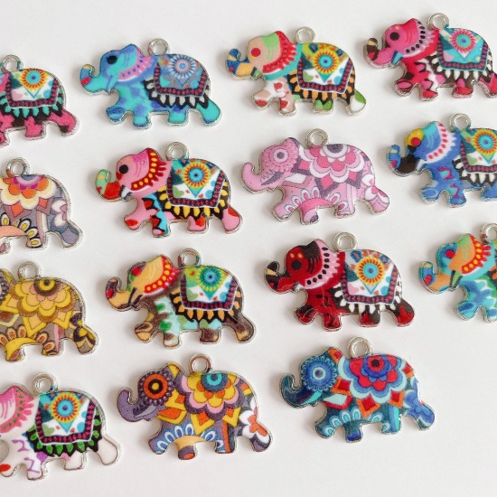 Picture of Zinc Based Alloy Ethnic Charms Silver Tone Multicolor Elephant Animal Enamel 25mm x 16mm