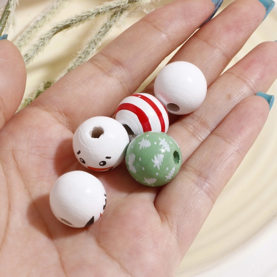 Bild von Holz Zwischenperlen Spacer Perlen für die Herstellung von DIY-Charme-Schmuck Rund Zufällig gemischte Farben Weihnachten Muster, ca. 16mm D., Loch: ca. 3.5mm, 1 Packung (ca. 10 Stück)