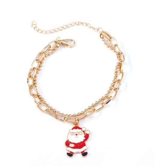 おしゃれ 重ね付け風 多連レイヤードブレスレット 金メッキ クリスマス サンタクロース ベル エナメル 1 本 の画像