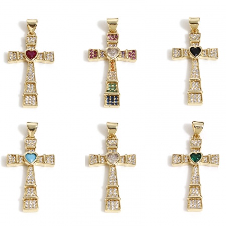 Brass Religious Pendants 18K Real Gold Plated Cross Heart Micro Pave 3.5cm x 1.7cm