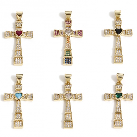 Image de Pendentifs Religieux en Laiton Croix Plaqué Or Véritable 18K Cœur Micro Pave 3.5cm x 1.7cm, 1 Pièce