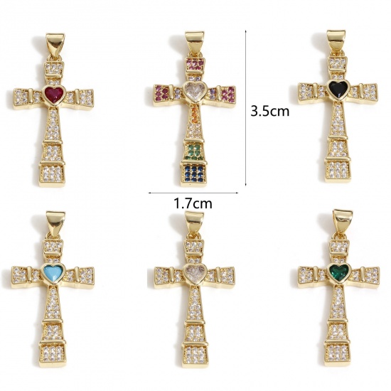 Image de Pendentifs Religieux en Laiton Croix Plaqué Or Véritable 18K Cœur Micro Pave 3.5cm x 1.7cm, 1 Pièce