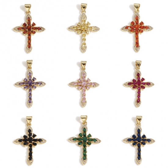 Image de Pendentifs Religieux en Laiton Croix Plaqué Or Véritable 18K à Zircone Cubique Multicolore 3.6cm x 2.1cm, 1 Pièce