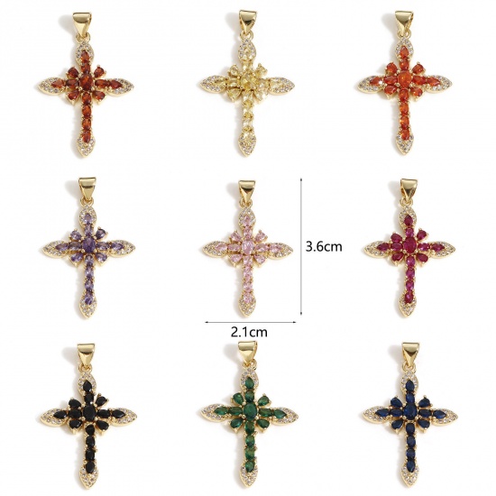 Image de Pendentifs Religieux en Laiton Croix Plaqué Or Véritable 18K à Zircone Cubique Multicolore 3.6cm x 2.1cm, 1 Pièce