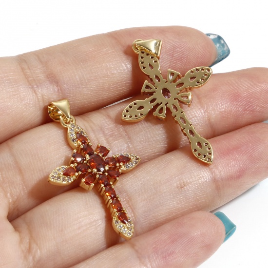 Image de Pendentifs Religieux en Laiton Croix Plaqué Or Véritable 18K à Zircone Cubique Multicolore 3.6cm x 2.1cm, 1 Pièce