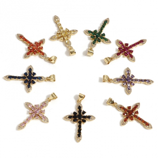 Image de Pendentifs Religieux en Laiton Croix Plaqué Or Véritable 18K à Zircone Cubique Multicolore 3.6cm x 2.1cm, 1 Pièce