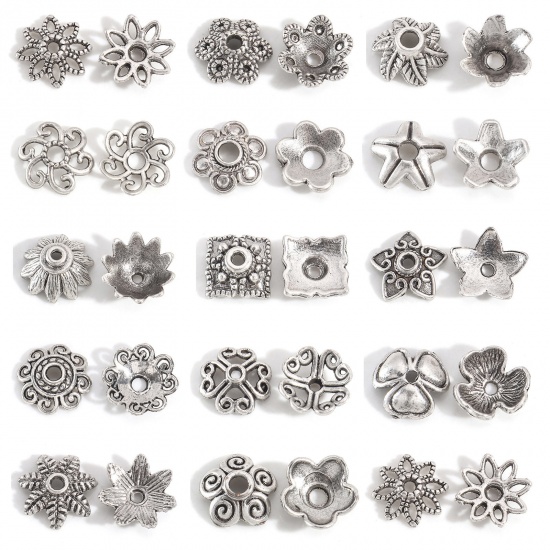 Bild von Zinklegierung Perlkappen Blumen Antiksilber 20 Stück