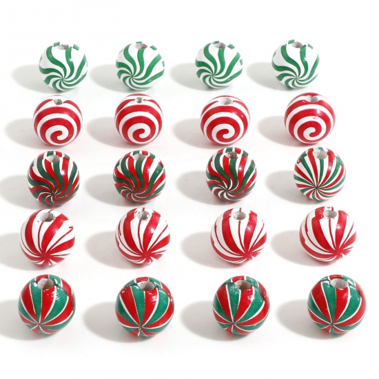 ウッド スペーサー クリスマス ビーズ ペンダント チャーム DIY 手作り ハンドメイド ジュエリー アクセサリーを作る 円形 多色 螺旋柄 約16mm直径、 穴：約3.5mm、 20 個 の画像