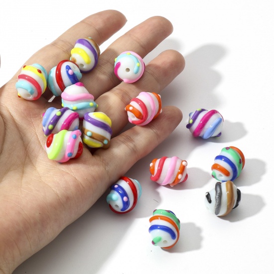 Picture of Lampwork Glass Beads For DIY Charm Jewelry Making Cylinder Multicolor Stripe Enamel About 16mm x 13mm