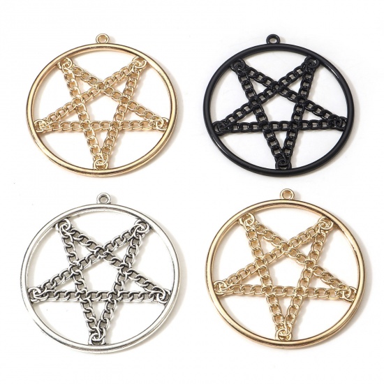 Picture of Zinc Based Alloy Gothic Pendants Multicolor Round Pentagram Star Hollow 4.8cm x 4.5cm