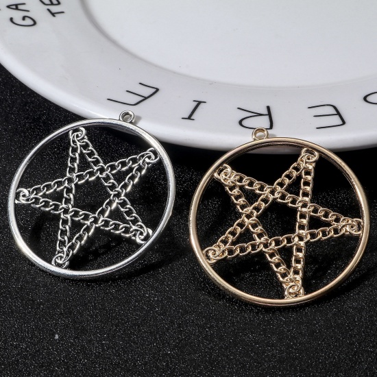 Picture of Zinc Based Alloy Gothic Pendants Multicolor Round Pentagram Star Hollow 4.8cm x 4.5cm