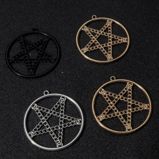 Picture of Zinc Based Alloy Gothic Pendants Multicolor Round Pentagram Star Hollow 4.8cm x 4.5cm