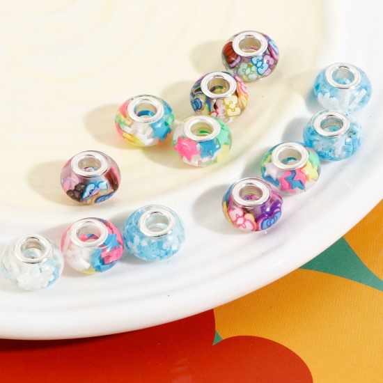 Picture of Resin European Style Large Hole Charm Beads Multicolor Round Star 14mm Dia.