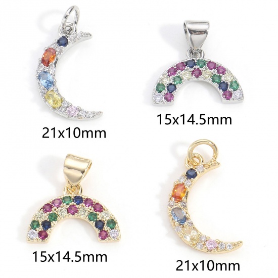 Picture of Brass Charms Real Gold Plated Half Moon Rainbow Micro Pave Multicolour Cubic Zirconia