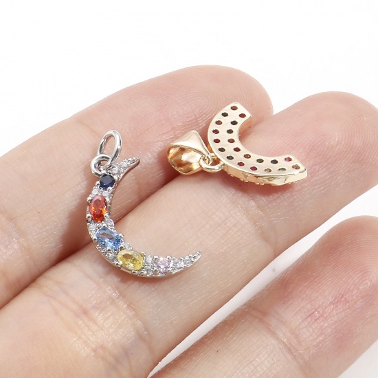 Picture of Brass Charms Real Gold Plated Half Moon Rainbow Micro Pave Multicolour Cubic Zirconia