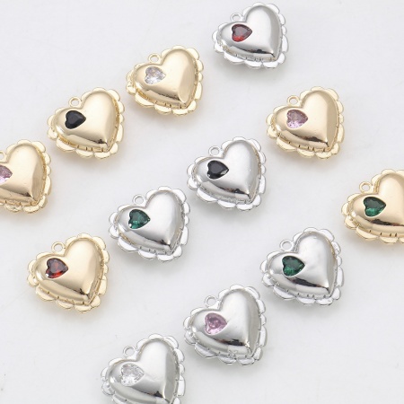 Latón día de San Valentín Colgantes Charms Corazón Oro Real Chapado Hueco Multicolor Circón Artificial 16mm x 15mm, 2 Unidades