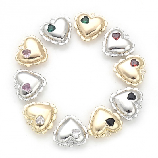 Immagine di Ottone San Valentino Charms Cuore Vero Oro Placcato Filigrana Multicolore Cubic Zirconiae 16mm x 15mm, 2 Pz