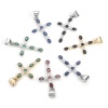 Picture of Brass Religious Charm Pendant Real Gold Plated Cross Multicolour Cubic Zirconia 27mm x 14mm