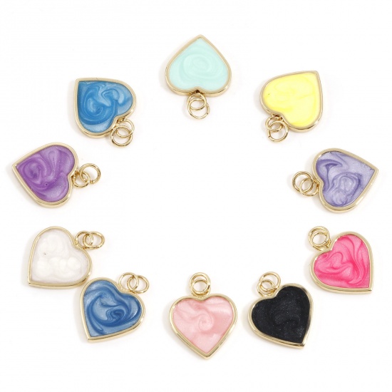 Imagen de Latón día de San Valentín Colgantes Charms Corazón 18K Oro Real Chapado Multicolor Perlado Esmalte 22mm x 5mm, 2 Unidades