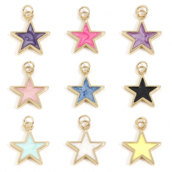 Picture of Brass Galaxy Charms 18K Real Gold Plated Multicolor Pearlized Pentagram Star Enamel 22mm x 16mm