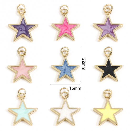 Picture of Brass Galaxy Charms 18K Real Gold Plated Multicolor Pearlized Pentagram Star Enamel 22mm x 16mm