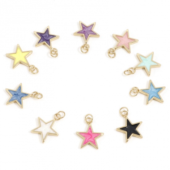 Picture of Brass Galaxy Charms 18K Real Gold Plated Multicolor Pearlized Pentagram Star Enamel 22mm x 16mm