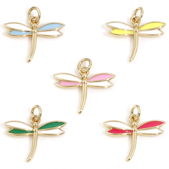 Immagine di Ottone Insetto Charms Libellula 18K Vero Oro Placcato Multicolore Smalto 15mm x 15mm, 2 Pz