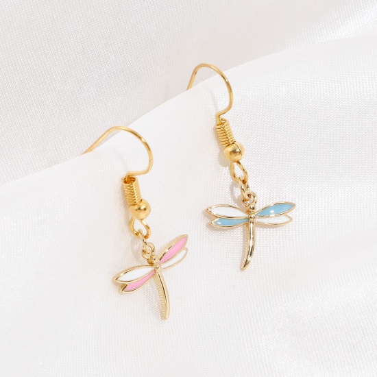 Immagine di Ottone Insetto Charms Libellula 18K Vero Oro Placcato Multicolore Smalto 15mm x 15mm, 2 Pz