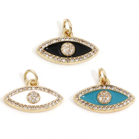 Immagine di Ottone Micro Intarsio Charms Occhi 18K Vero Oro Placcato Multicolore Smalto Trasparente Cubic Zirconiae 18mm x 14mm, 1 Pz