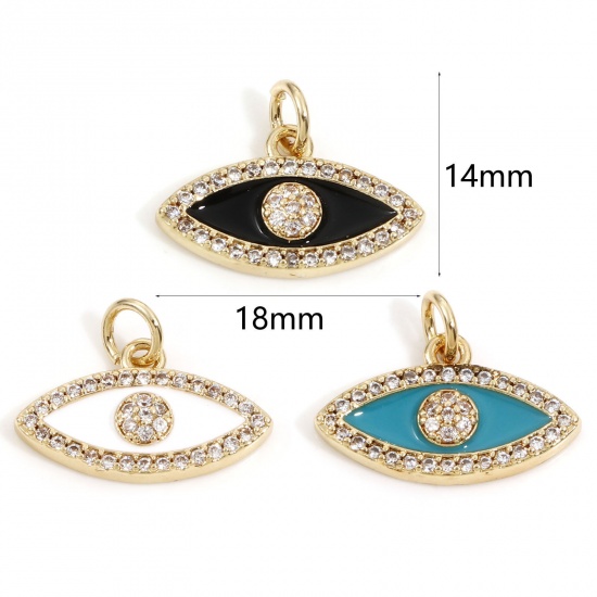 Immagine di Ottone Micro Intarsio Charms Occhi 18K Vero Oro Placcato Multicolore Smalto Trasparente Cubic Zirconiae 18mm x 14mm, 1 Pz