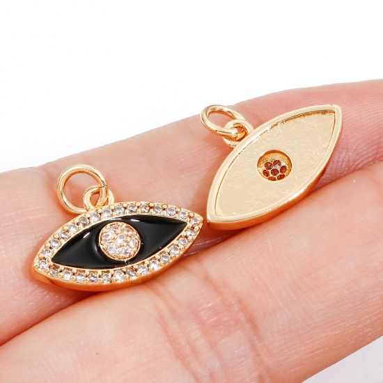 Immagine di Ottone Micro Intarsio Charms Occhi 18K Vero Oro Placcato Multicolore Smalto Trasparente Cubic Zirconiae 18mm x 14mm, 1 Pz