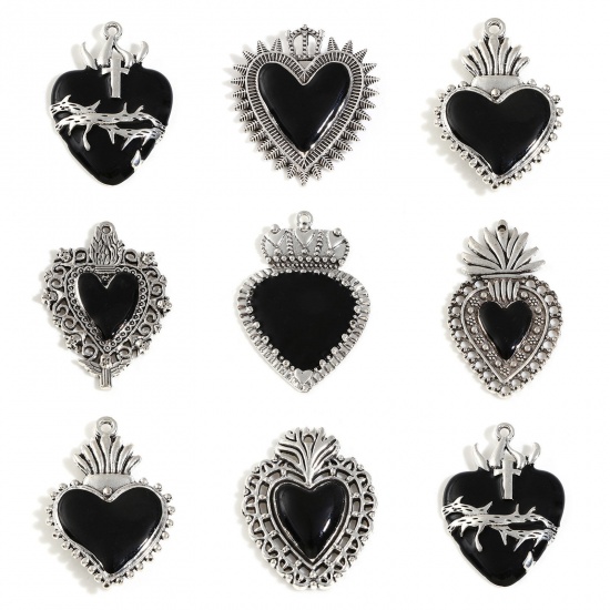 Picture of Zinc Based Alloy Religious Pendants Antique Silver Color Black Ex Voto Heart Enamel