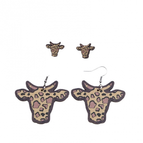 Picture of Wood West Cowboy Earrings Multicolor Bull Head/ Cow Head Leopard Print