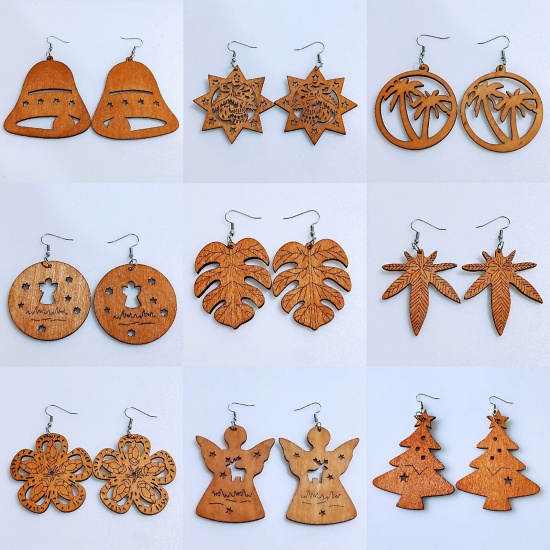 Picture of Wood Retro Earrings Brown Star Christmas Snowman Hollow
