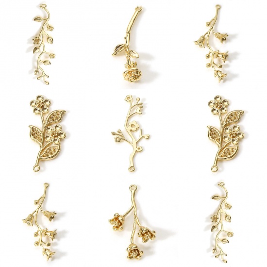 Image de Pendentifs en Laiton Fleur Plaqué Or Véritable 3D 2 Pcs