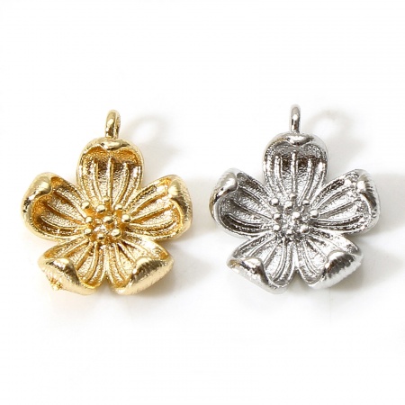 Brass Charms Real Gold Plated Flower Peach Blossom Flower 3D 13mm x 11mm
