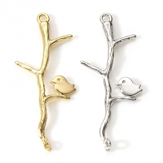 Bild von Messing Steckverbinder Charms Anhänger Vögel Zweig Echtgold plattiert 3,5cm x 1,4cm, 2 Stück