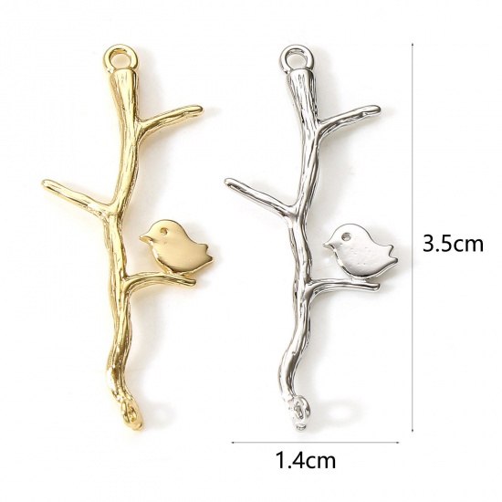Bild von Messing Steckverbinder Charms Anhänger Vögel Zweig Echtgold plattiert 3,5cm x 1,4cm, 2 Stück