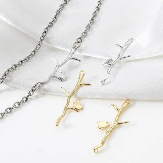 Bild von Messing Steckverbinder Charms Anhänger Vögel Zweig Echtgold plattiert 3,5cm x 1,4cm, 2 Stück