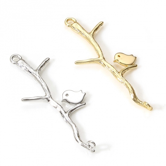 Bild von Messing Steckverbinder Charms Anhänger Vögel Zweig Echtgold plattiert 3,5cm x 1,4cm, 2 Stück