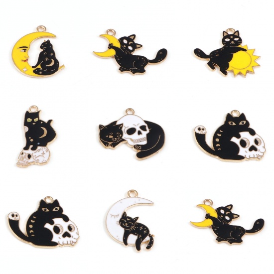 Picture of Zinc Based Alloy Halloween Charms Gold Plated Multicolor Cat Enamel