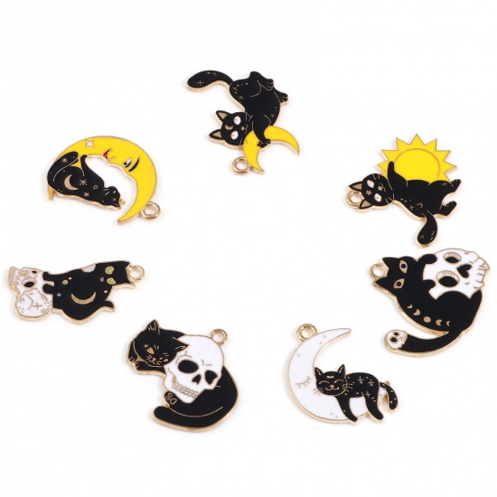 Picture of Zinc Based Alloy Halloween Charms Gold Plated Multicolor Cat Enamel