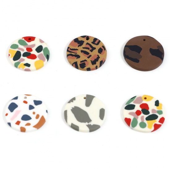 Picture of Polymer Clay Charms Round Multicolor Leopard Print 26mm Dia.
