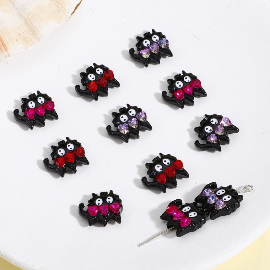 Picture of Zinc Based Alloy Spacer Beads For DIY Charm Jewelry Making Black Cat Animal Multicolor Rhinestone Enamel About 17mm x 16mm