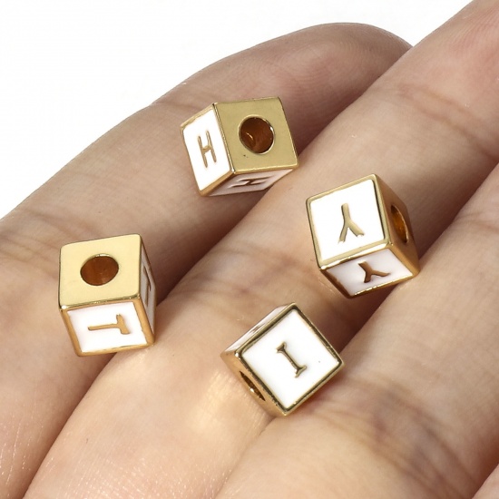 Picture of Brass Simple Beads For DIY Charm Jewelry Making 18K Real Gold Plated Multicolor Cube Initial Alphabet/ Capital Letter Enamel Message " A-Z "                                                                                                                  