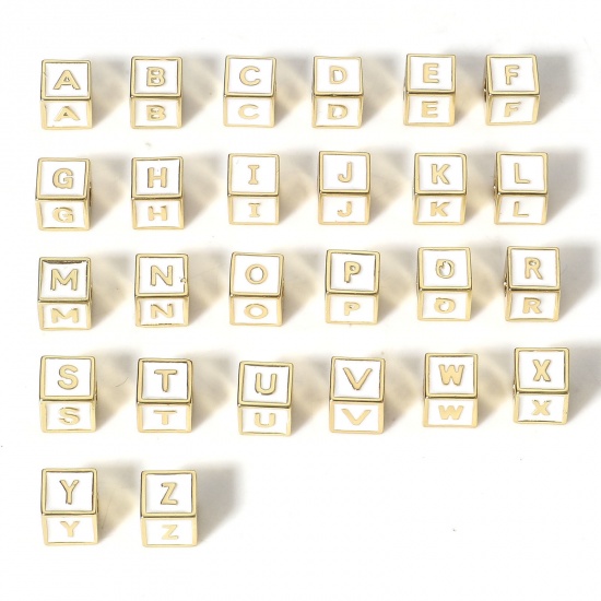 Immagine di Ottone Semplice Perline per la Creazione di Gioielli con Ciondoli Fai-da-te 18K Vero Oro Placcato Multicolore Cubo Lettera Maiuscola Lettere " A-Z " Smalto 1 Pz