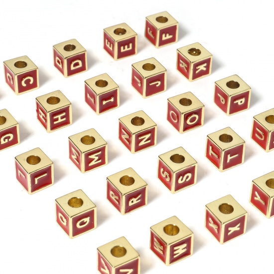 Picture of Brass Simple Beads For DIY Charm Jewelry Making 18K Real Gold Plated Multicolor Cube Initial Alphabet/ Capital Letter Enamel Message " A-Z "                                                                                                                  