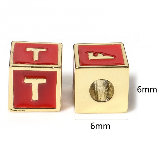 Picture of Brass Simple Beads For DIY Charm Jewelry Making 18K Real Gold Plated Multicolor Cube Initial Alphabet/ Capital Letter Enamel Message " A-Z "                                                                                                                  